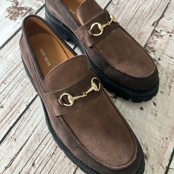 Marc Nolan Blake Triple Brown Suede Loafers with Gold Accent - Picture 1 of 4
